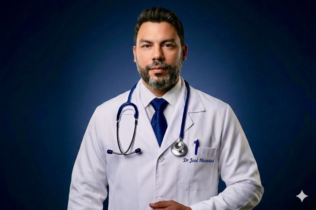 Dr. José Messias Oliveira Júnior em ambiente hospitalar — jaleco, contexto técnico e clínico.